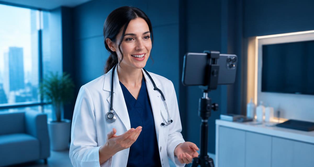 Médica gravando conteúdo para o Instagram no consultório