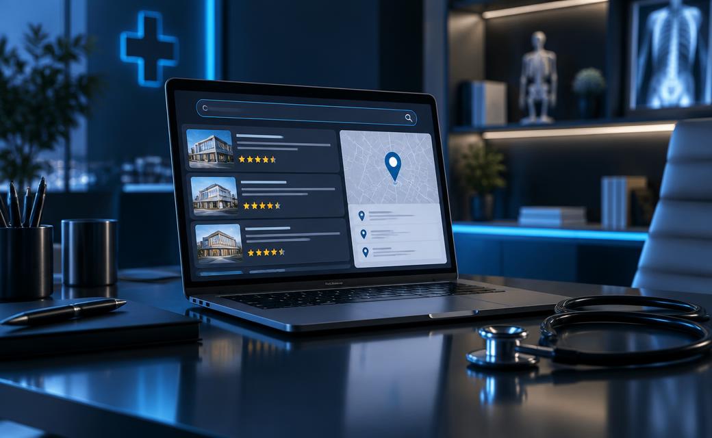 Notebook em consultório médico exibindo resultados de busca do Google com avaliações e mapa, ao lado de um estetoscópio