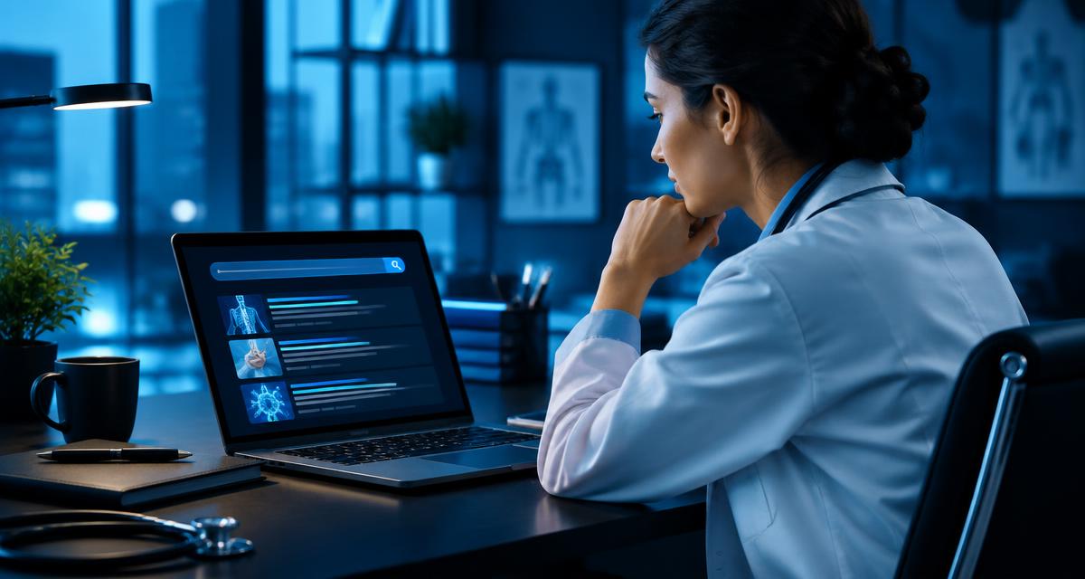 Médica analisando resultados de busca no Google em seu consultório