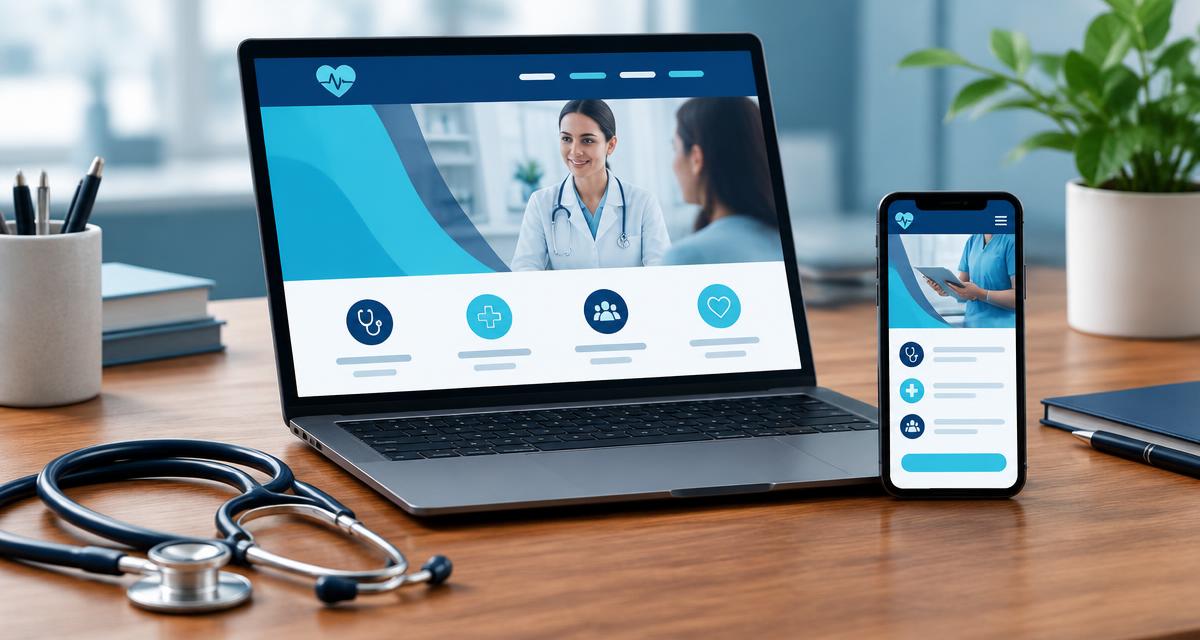 Site médico aberto em notebook e celular sobre mesa com estetoscópio