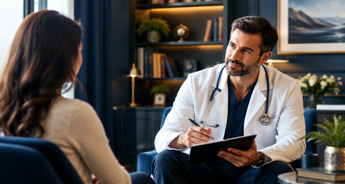 Médico conversando com paciente em consultório sofisticado