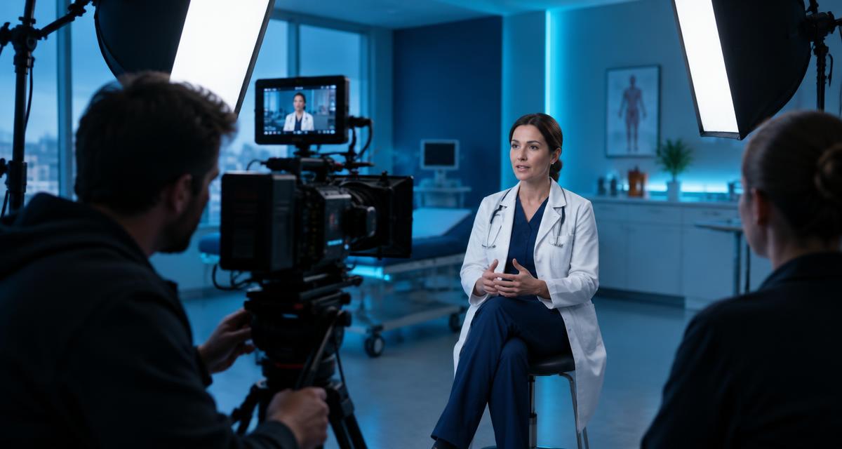 Bastidores de gravação profissional de vídeo com médica em consultório